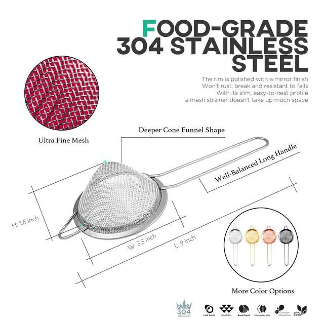Alt view image 4 of 7 - 3.3" Fine Mesh Strainer for Kitchen, 304 Stainless Steel Cocktail Sieve Sifters For Food, Liquid Drink Strainers Cup for Tea, Rice, Oil, Noodles, Fruits, Vegetables (Silver)