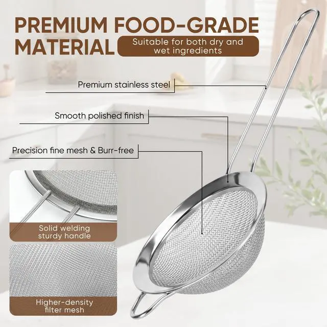 Alt view image 2 of 7 - Fine Mesh Strainer Set 5 Pack, Stainless Steel Mini Small & Medium Sieves Colanders, Multipurpose Sifter Strainer for Tea, Pasta, Juice & Baking