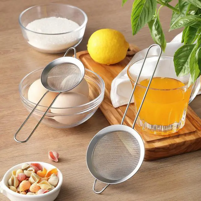 Alt view image 7 of 7 - 2 Pack Fine Mesh Strainers, Mini Stainless Steel Strainer with Handle for Kitchen, Metal Sieve Sifters for Straining Tea, Matcha, Cocktail, Juice and Coffee (8.6in 7.5in)