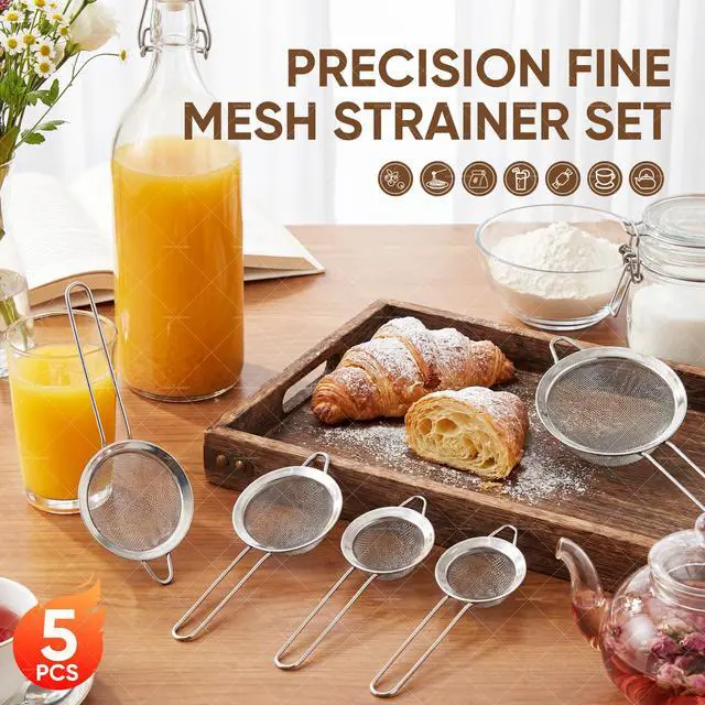 Alt view image 4 of 7 - Fine Mesh Strainer Set 5 Pack, Stainless Steel Mini Small & Medium Sieves Colanders, Multipurpose Sifter Strainer for Tea, Pasta, Juice & Baking