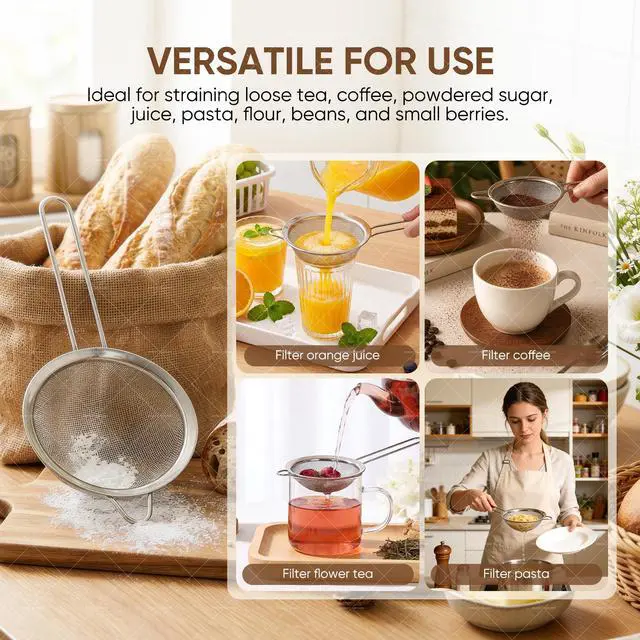 Alt view image 5 of 7 - Fine Mesh Strainer Set 5 Pack, Stainless Steel Mini Small & Medium Sieves Colanders, Multipurpose Sifter Strainer for Tea, Pasta, Juice & Baking