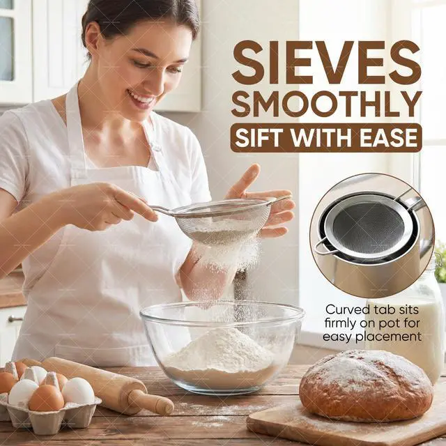Alt view image 7 of 7 - Fine Mesh Strainer Set 5 Pack, Stainless Steel Mini Small & Medium Sieves Colanders, Multipurpose Sifter Strainer for Tea, Pasta, Juice & Baking