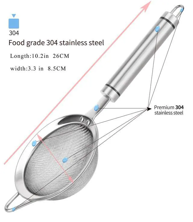 Alt view image 2 of 7 - 304 Stainless Steel Fine Mesh Strainers for Kitchen, Colander-Skimmer with Handle, Sieve Sifters for Food, Tea, Rice, Oil, Noodles, Fruits, Vegetable