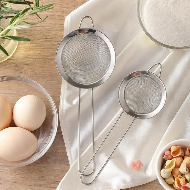 Alt view image 5 of 7 - 2 Pack Fine Mesh Strainers, Mini Stainless Steel Strainer with Handle for Kitchen, Metal Sieve Sifters for Straining Tea, Matcha, Cocktail, Juice and Coffee (8.6in 7.5in)