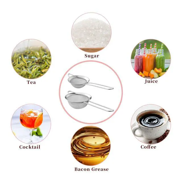 Alt view image 4 of 7 - 2 Pack Fine Mesh Strainers, Mini Stainless Steel Strainer with Handle for Kitchen, Metal Sieve Sifters for Straining Tea, Matcha, Cocktail, Juice and Coffee (8.6in 7.5in)