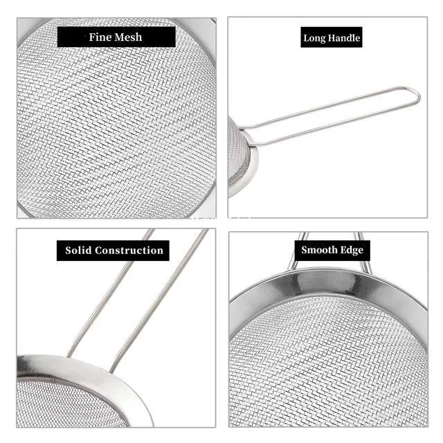 Alt view image 3 of 7 - 2 Pack Fine Mesh Strainers, Mini Stainless Steel Strainer with Handle for Kitchen, Metal Sieve Sifters for Straining Tea, Matcha, Cocktail, Juice and Coffee (8.6in 7.5in)