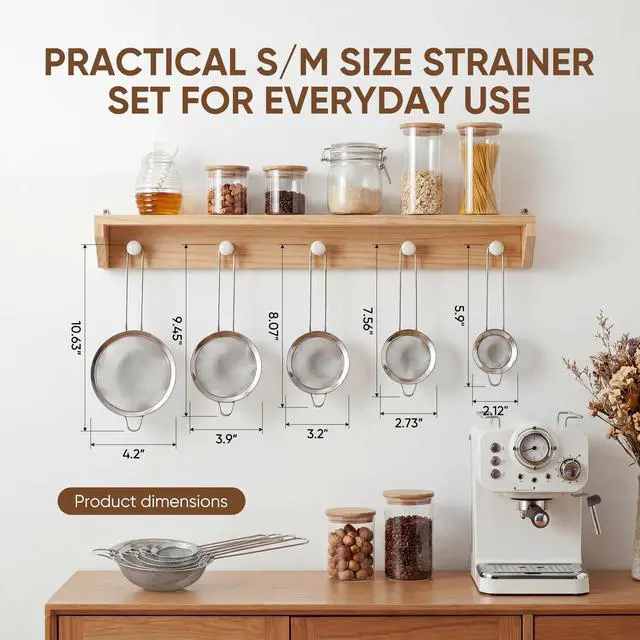 Alt view image 3 of 7 - Fine Mesh Strainer Set 5 Pack, Stainless Steel Mini Small & Medium Sieves Colanders, Multipurpose Sifter Strainer for Tea, Pasta, Juice & Baking
