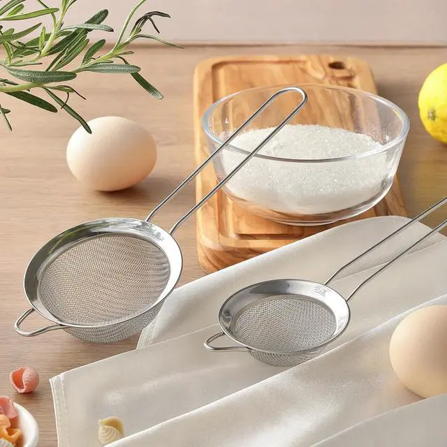 Alt view image 6 of 7 - 2 Pack Fine Mesh Strainers, Mini Stainless Steel Strainer with Handle for Kitchen, Metal Sieve Sifters for Straining Tea, Matcha, Cocktail, Juice and Coffee (8.6in 7.5in)