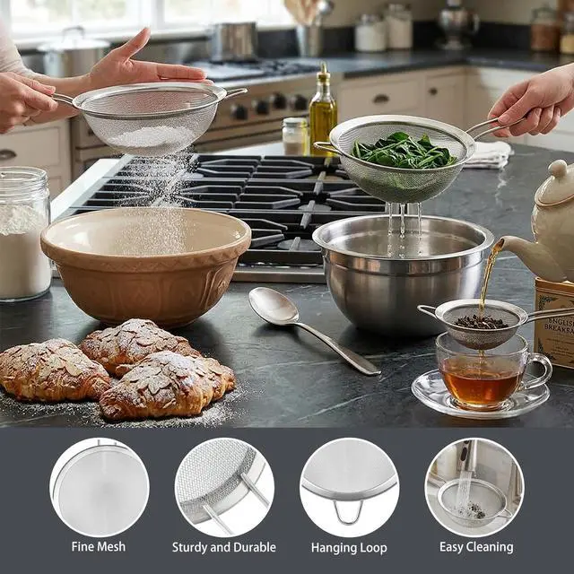 Alt view image 2 of 6 - 3PCS Fine Mesh Strainers for Kitchen, Stainless Steel Metal Wire Sieve Strainer, Food Strainer with Handlle for Sifting, Straining and Cooking