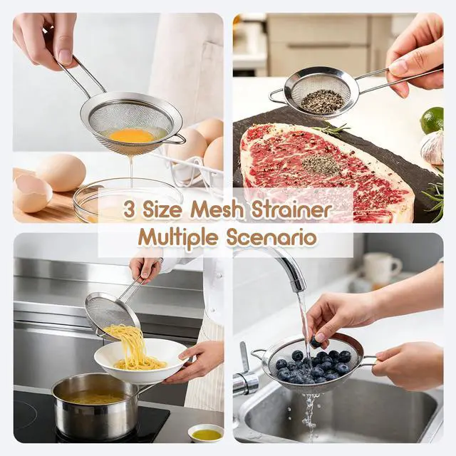 Alt view image 4 of 7 - Fine Mesh Strainer Set of 3, Stainless Steel Sieve Sifters with handle, Small Medium Large Size, Kitchen Strainers Colander Set for Sifting, Straining & Cooking