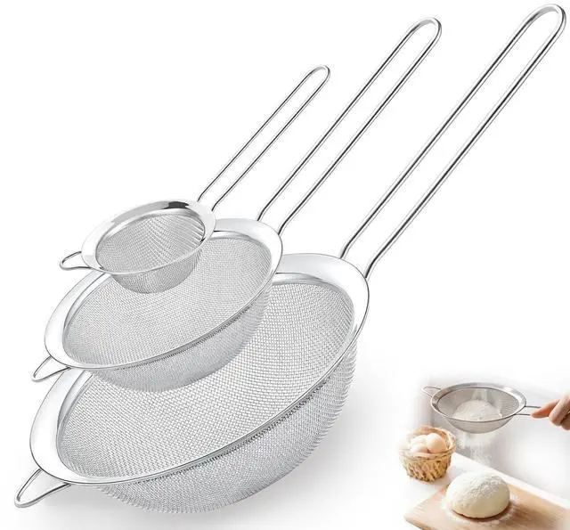 Main image of Fine Mesh Strainer Set of 3, Stainless Steel Sieve Sifters with handle, Small Medium Large Size, Kitchen Strainers Colander Set for Sifting, Straining & Cooking