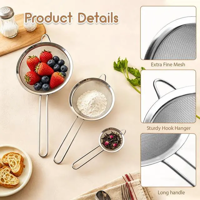 Alt view image 2 of 7 - Fine Mesh Strainer Set of 3, Stainless Steel Sieve Sifters with handle, Small Medium Large Size, Kitchen Strainers Colander Set for Sifting, Straining & Cooking