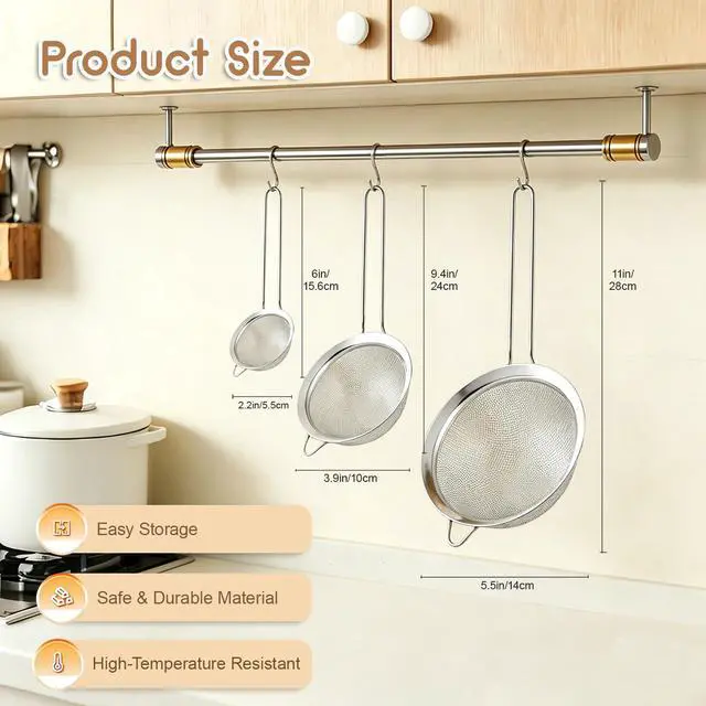 Alt view image 3 of 7 - Fine Mesh Strainer Set of 3, Stainless Steel Sieve Sifters with handle, Small Medium Large Size, Kitchen Strainers Colander Set for Sifting, Straining & Cooking