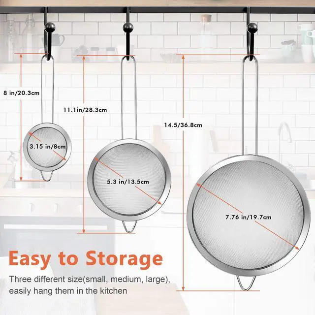 Alt view image 2 of 7 - 3Pcs Super Wire Extra Fine Mesh Strainer with Handle, Small Medium Large Size Sifter Metal Strainer Set, Stainless Steel Sieve Fine Mesh Strainers for Kitchen Rice Juice Quinoa Food Flour Baking