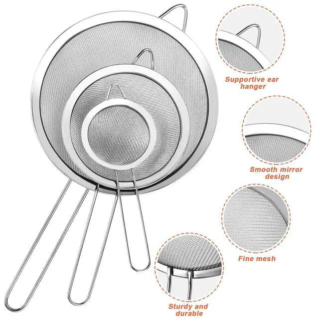 Alt view image 3 of 7 - 3Pcs Super Wire Extra Fine Mesh Strainer with Handle, Small Medium Large Size Sifter Metal Strainer Set, Stainless Steel Sieve Fine Mesh Strainers for Kitchen Rice Juice Quinoa Food Flour Baking