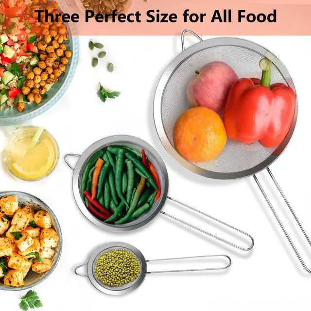 Alt view image 5 of 7 - 3Pcs Super Wire Extra Fine Mesh Strainer with Handle, Small Medium Large Size Sifter Metal Strainer Set, Stainless Steel Sieve Fine Mesh Strainers for Kitchen Rice Juice Quinoa Food Flour Baking