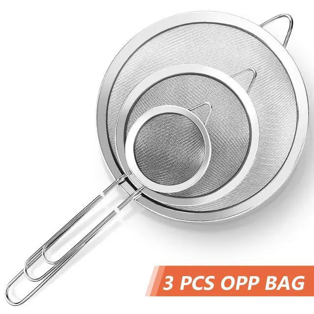 Alt view image 7 of 7 - 3Pcs Super Wire Extra Fine Mesh Strainer with Handle, Small Medium Large Size Sifter Metal Strainer Set, Stainless Steel Sieve Fine Mesh Strainers for Kitchen Rice Juice Quinoa Food Flour Baking