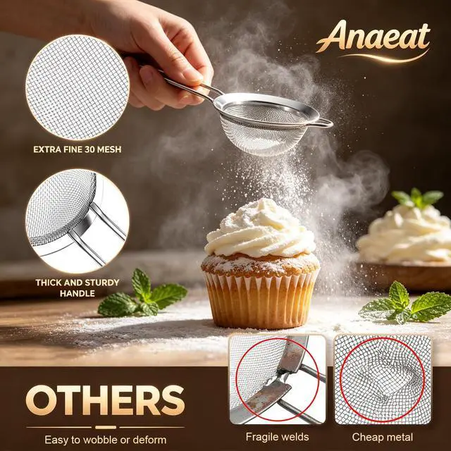 Alt view image 4 of 7 - Fine Mesh Strainers - Premium Stainless Steel Colander Sieve Sifters, with Durable Mesh and Sturdy Handle, Excellent for Sifting Dry ingredients, Flour, Pastas, Rice, Tea (5.5")