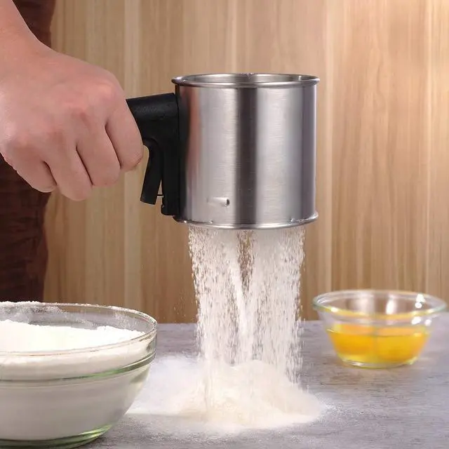 Alt view image 5 of 6 - 3 Cup Flour Sifter for Baking, Handheld Strainer Sifter Stainless Steel, Hand Crank Squeeze Sieve for Baking w/Comfortable Handle for Flour Powdered Sugar Cake - Baker Supplies