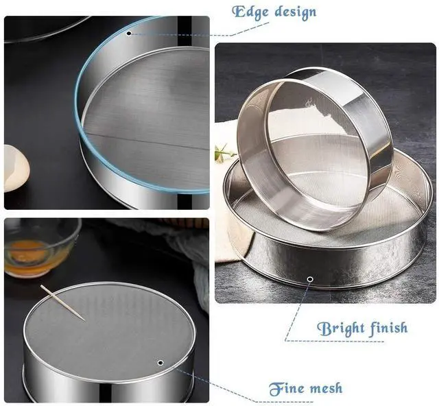 Alt view image 4 of 7 - 2 Pack Flour Sifter,Stainless Steel Fine Mesh Strainers Flour Sieve,60 Mesh Round Sifter for Baking Cake Bread (6-Inch and 8-Inch)
