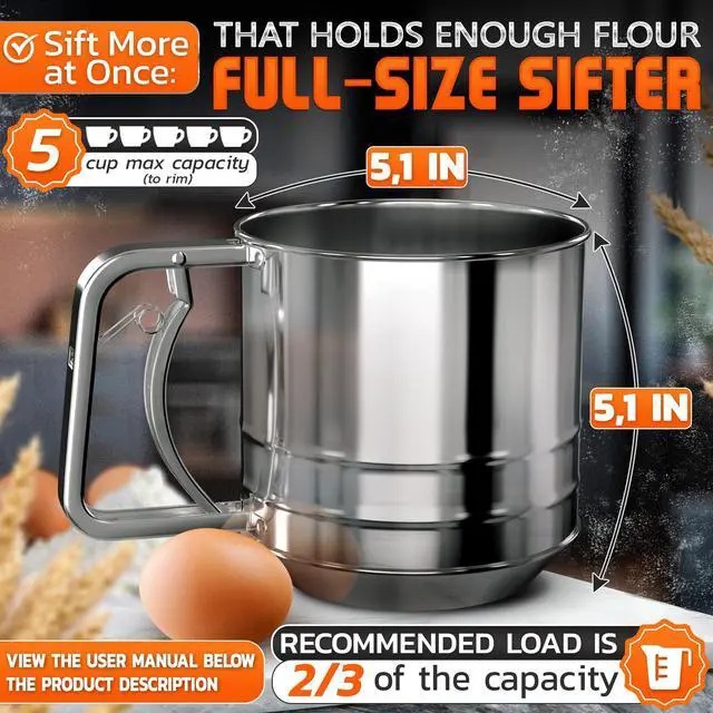Alt view image 2 of 7 - 5 Cup Flour Sifter for Baking Flour Sifter Stainless Steel with Easy One-Hand Press, Double Mesh, Comfortable Grip, Dishwasher Safe Large Capacity for Batch Baking, Powdered Sugar, Cocoa & Pastry