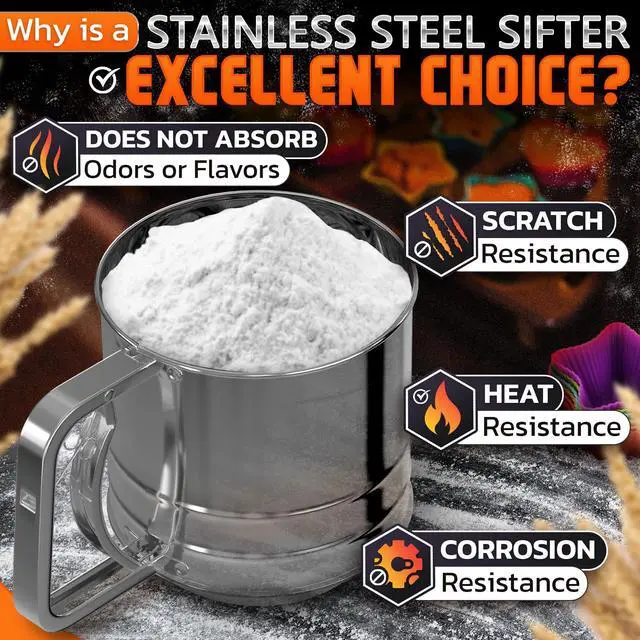 Alt view image 3 of 7 - 5 Cup Flour Sifter for Baking Flour Sifter Stainless Steel with Easy One-Hand Press, Double Mesh, Comfortable Grip, Dishwasher Safe Large Capacity for Batch Baking, Powdered Sugar, Cocoa & Pastry