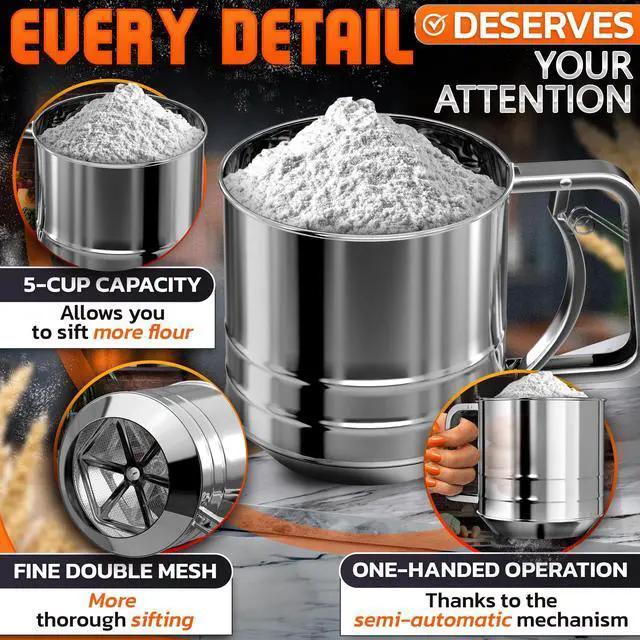 Alt view image 4 of 7 - 5 Cup Flour Sifter for Baking Flour Sifter Stainless Steel with Easy One-Hand Press, Double Mesh, Comfortable Grip, Dishwasher Safe Large Capacity for Batch Baking, Powdered Sugar, Cocoa & Pastry