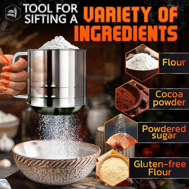 Alt view image 7 of 7 - 5 Cup Flour Sifter for Baking Flour Sifter Stainless Steel with Easy One-Hand Press, Double Mesh, Comfortable Grip, Dishwasher Safe Large Capacity for Batch Baking, Powdered Sugar, Cocoa & Pastry