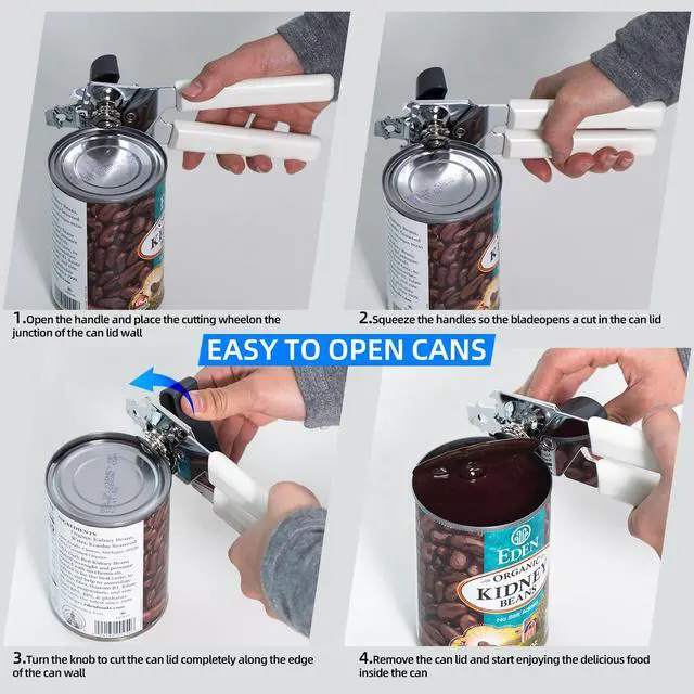 Alt view image 3 of 7 - Can Opener Manual, Can Openers Hand Held with Comfort Anti-Slip Handles, Heavy Duty Stainless Steel Can Opener Smooth Edge and Bottle Openers, Easy Turn Can Openers for Seniors, Kitchen, White
