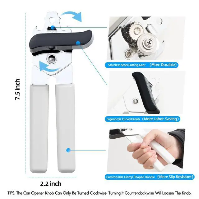 Alt view image 2 of 7 - Can Opener Manual, Can Openers Hand Held with Comfort Anti-Slip Handles, Heavy Duty Stainless Steel Can Opener Smooth Edge and Bottle Openers, Easy Turn Can Openers for Seniors, Kitchen, White