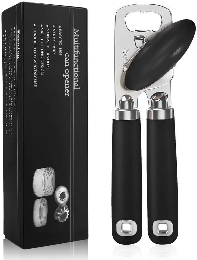 Main image of Can Opener Manual, Heavy Duty Stainless Steel Smooth Edge Can Openers With Soft Touch Handle, Oversized Handheld Easy Turn Knob, Multi-Function Bottle Opener, Black