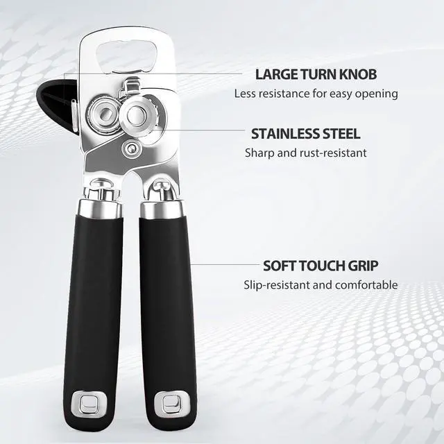 Alt view image 3 of 7 - Can Opener Manual, Heavy Duty Stainless Steel Smooth Edge Can Openers With Soft Touch Handle, Oversized Handheld Easy Turn Knob, Multi-Function Bottle Opener, Black