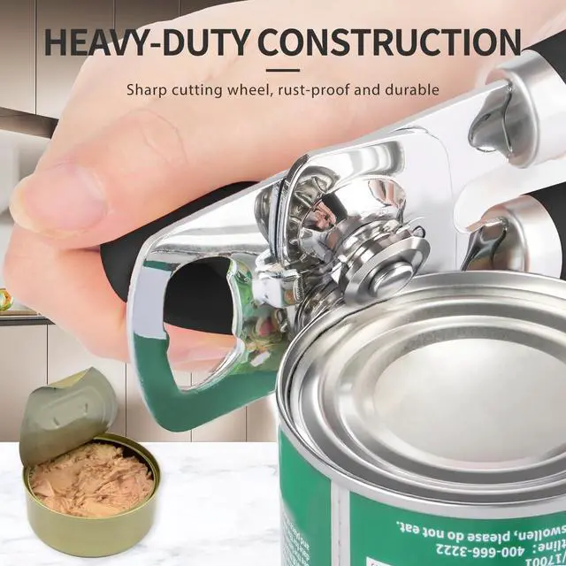 Alt view image 4 of 7 - Can Opener Manual, Heavy Duty Stainless Steel Smooth Edge Can Openers With Soft Touch Handle, Oversized Handheld Easy Turn Knob, Multi-Function Bottle Opener, Black