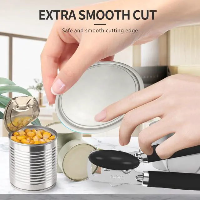 Alt view image 7 of 7 - Can Opener Manual, Heavy Duty Stainless Steel Smooth Edge Can Openers With Soft Touch Handle, Oversized Handheld Easy Turn Knob, Multi-Function Bottle Opener, Black