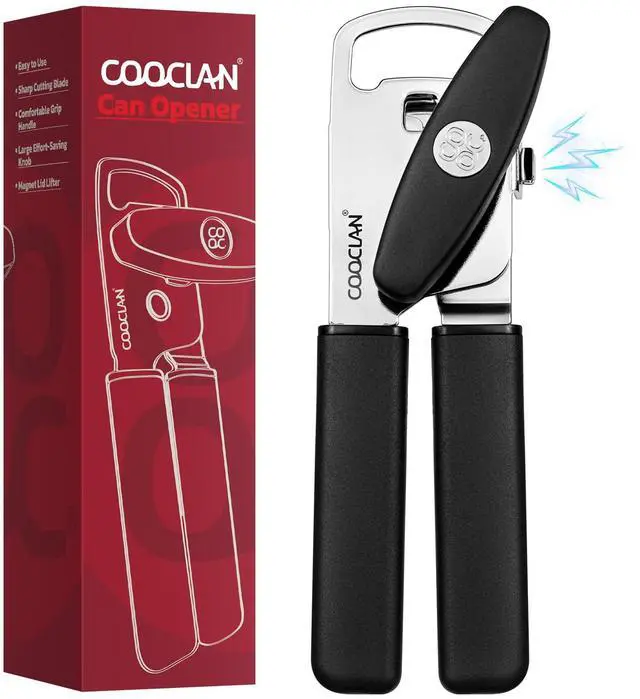 Main image of Can Opener Manual with Magnet, Heavy Duty Hand Held Can Opener with Sharp Stainless Steel Blade Easy to Use, Effortless Turn Knob, Soft Comfortable Handle, Built-In Bottle Openers, Black