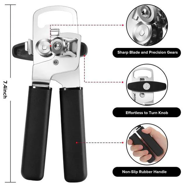 Alt view image 2 of 7 - Can Opener Manual with Magnet, Heavy Duty Hand Held Can Opener with Sharp Stainless Steel Blade Easy to Use, Effortless Turn Knob, Soft Comfortable Handle, Built-In Bottle Openers, Black
