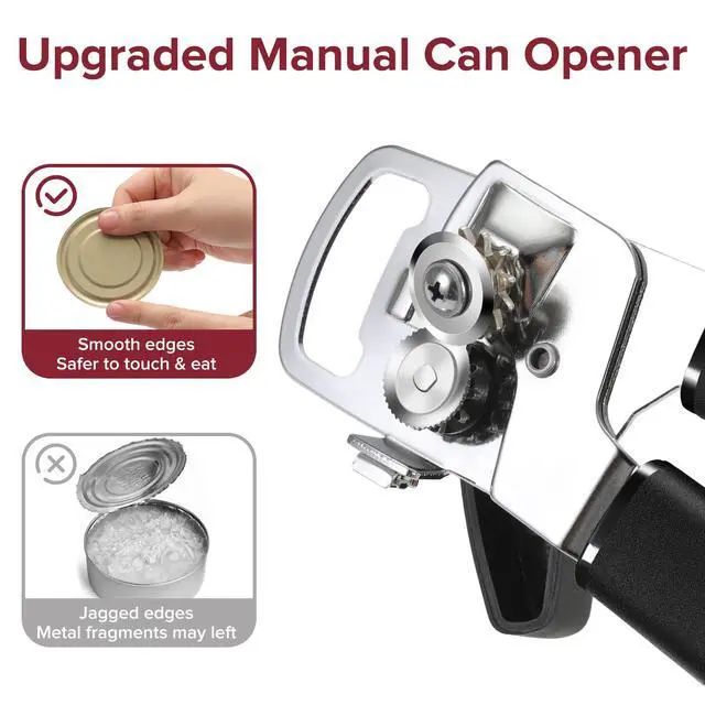 Alt view image 4 of 7 - Can Opener Manual with Magnet, Heavy Duty Hand Held Can Opener with Sharp Stainless Steel Blade Easy to Use, Effortless Turn Knob, Soft Comfortable Handle, Built-In Bottle Openers, Black