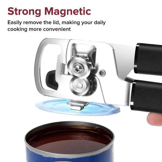 Alt view image 6 of 7 - Can Opener Manual with Magnet, Heavy Duty Hand Held Can Opener with Sharp Stainless Steel Blade Easy to Use, Effortless Turn Knob, Soft Comfortable Handle, Built-In Bottle Openers, Black