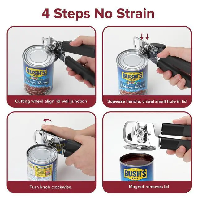 Alt view image 7 of 7 - Can Opener Manual with Magnet, Heavy Duty Hand Held Can Opener with Sharp Stainless Steel Blade Easy to Use, Effortless Turn Knob, Soft Comfortable Handle, Built-In Bottle Openers, Black