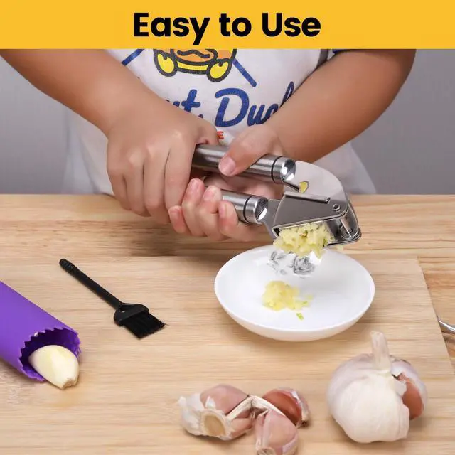 Alt view image 5 of 7 - Garlic Press Mincer, 304 Stainless Steel Garlic Press with Garlic Peeler Tube, Heavy Duty Metal Ginger Press, Silver