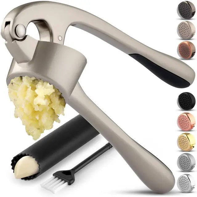Main image of Large Premium Garlic Press Set - Bigger Bowl for Bigger Garlic - Rust Proof Garlic Mincer Tool - Easy-Squeeze, Easy-Clean Silicone Garlic Peeler & Brush (Silver)