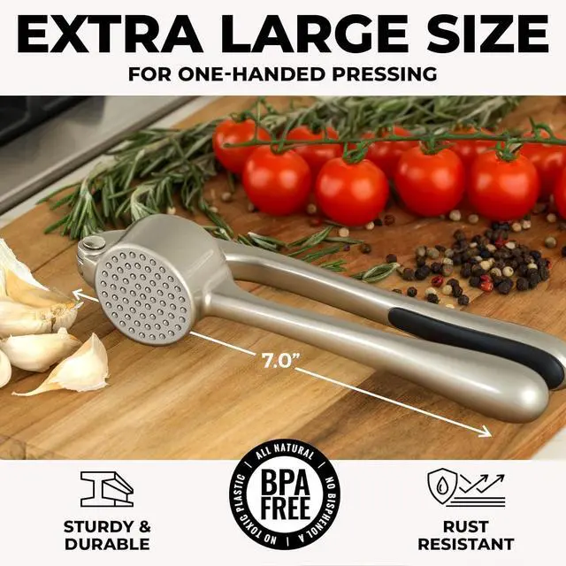 Alt view image 2 of 7 - Large Premium Garlic Press Set - Bigger Bowl for Bigger Garlic - Rust Proof Garlic Mincer Tool - Easy-Squeeze, Easy-Clean Silicone Garlic Peeler & Brush (Silver)