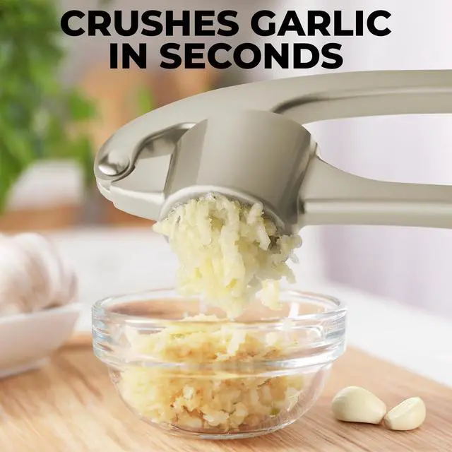 Alt view image 5 of 7 - Large Premium Garlic Press Set - Bigger Bowl for Bigger Garlic - Rust Proof Garlic Mincer Tool - Easy-Squeeze, Easy-Clean Silicone Garlic Peeler & Brush (Silver)