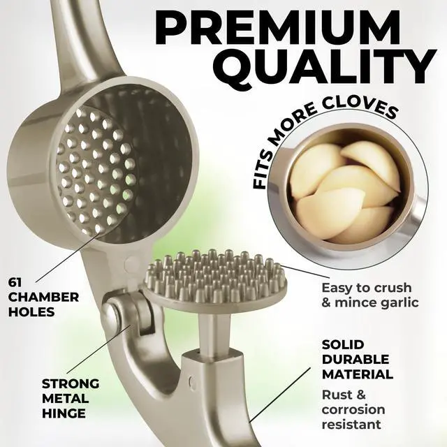Alt view image 7 of 7 - Large Premium Garlic Press Set - Bigger Bowl for Bigger Garlic - Rust Proof Garlic Mincer Tool - Easy-Squeeze, Easy-Clean Silicone Garlic Peeler & Brush (Silver)