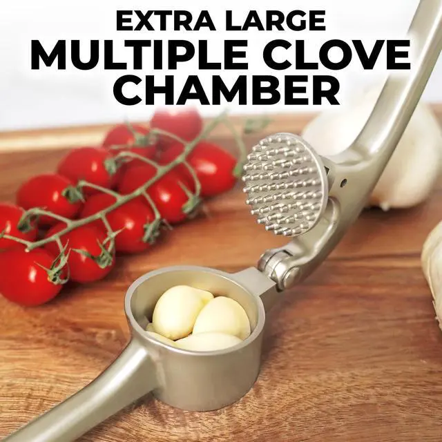 Alt view image 3 of 7 - Large Premium Garlic Press Set - Bigger Bowl for Bigger Garlic - Rust Proof Garlic Mincer Tool - Easy-Squeeze, Easy-Clean Silicone Garlic Peeler & Brush (Silver)