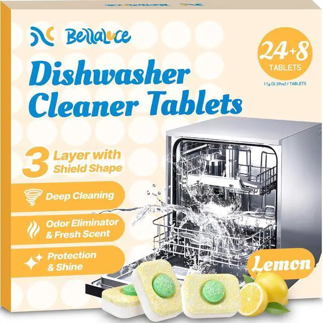 Main image of Dishwasher Cleaner Tablets - Dishwasher Cleaner And Deodorizer Tablets Lemon Scented, Heavy Duty Deep Clean Descaler Pods for Septic Safe, Prevents Buildup & Odor, Natural Limescale Remover (32 Pack)