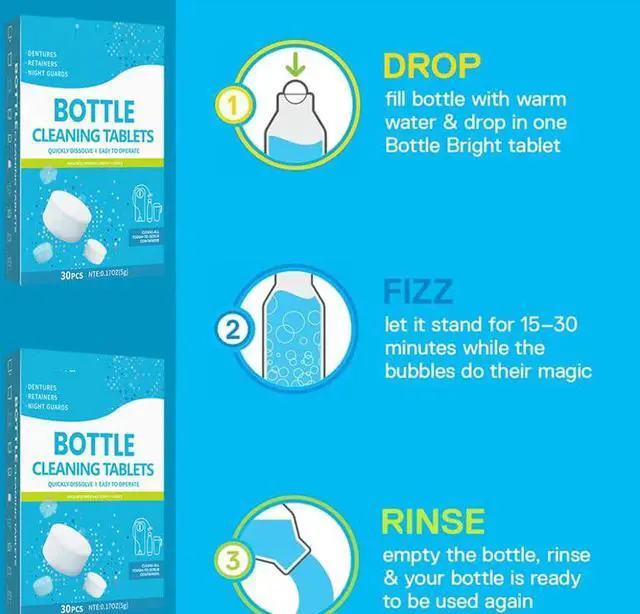 Alt view image 6 of 7 - 30 Pack Bottle Bright Cleaning Tablets,Water Bottle Cleaner,Removing Limescale and Tea Stains,For Water Bottle,Coffee Pot,Glass,Tumbler,Stainless,Also Can Clean Dentures,It's Multipurpose Cleaner