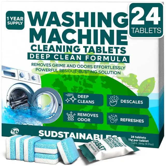 Main image of Washing Machine Cleaner Tablets (24-Pack) Deep Clean Odor & Residue Remover for Front & Top Load Washers, HE & Septic Safe Washing Machine Tub Cleaner for Long-Lasting Freshness