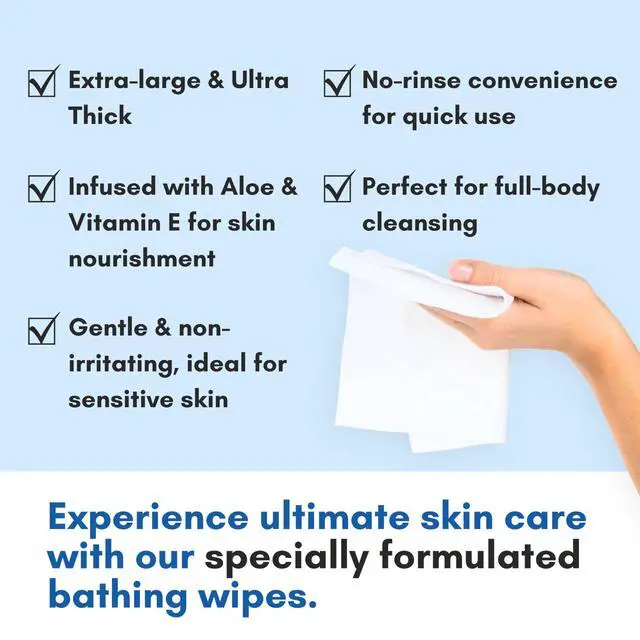 Alt view image 4 of 7 - XL Rinse Free Bathing Wipes for Adults w/Aloe | Waterless Cleansing for sensitive skin | Disposable Adult Body Bath Wet Wipe for Disabled Bedridden | 48 wipes