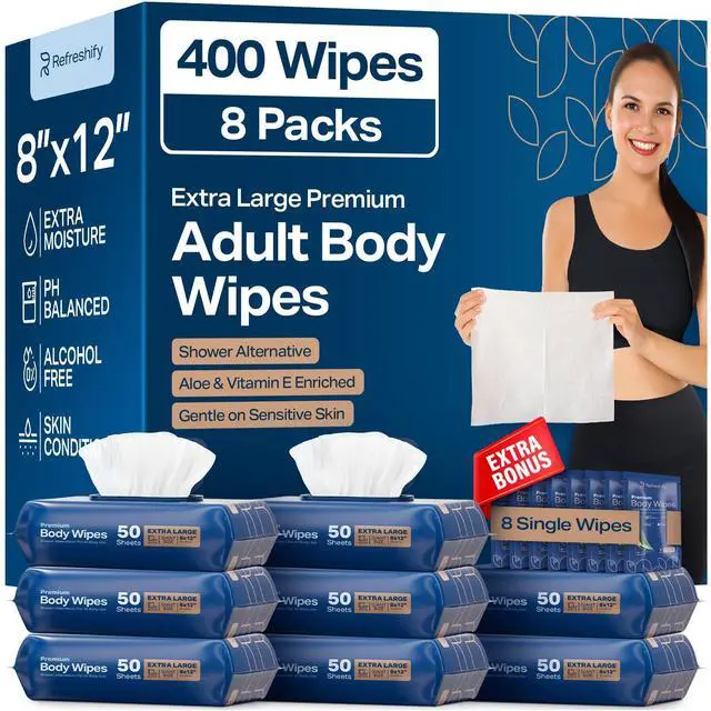 Main image of Body Wipes for Adults Bathing No Rinse, XL Shower Wipes and Disposable Washcloths, Wipes for Adults, Adult Wipes for Elderly Care and Recovery, Travel Wipes Included, 8"x 12", 400 Count